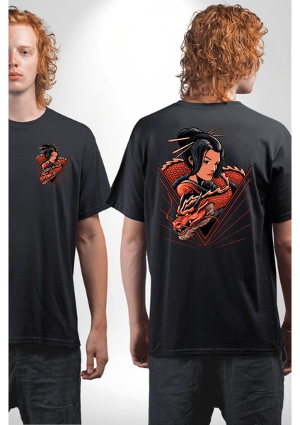Ejderha Japon Kadın Samuray Savaşçı Kadın Erkek Ön Minimal Sırt Baskılı Siyah Pamuklu Tişört