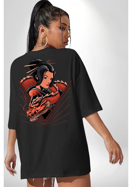 Ejderha Japon Kadın Samuray Savaşçı Kadın Erkek Ön Minimal Sırt Baskılı Siyah Pamuklu Tişört fiyatları