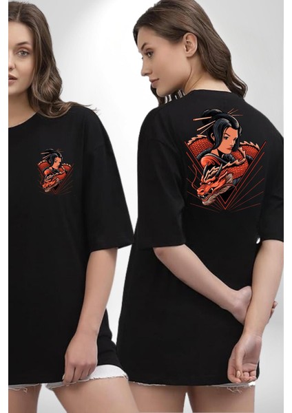 Ejderha Japon Kadın Samuray Savaşçı Kadın Erkek Ön Minimal Sırt Baskılı Siyah Pamuklu Tişört fırsatları