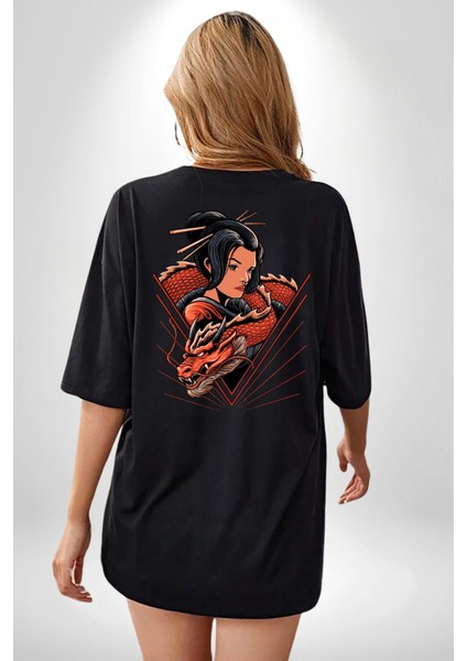 Ejderha Japon Kadın Samuray Savaşçı Kadın Erkek Ön Minimal Sırt Baskılı Siyah Pamuklu Tişört indirimleri