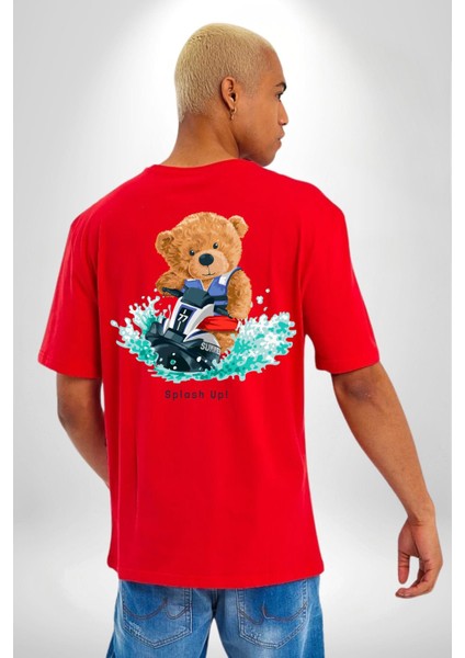 Jetski Süren Oyuncak Ayı Kadın Erkek Ön Minimal Sırt Baskılı Kırmızı Pamuklu Tişört fırsatları