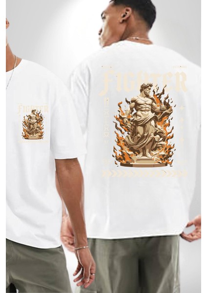 Muzaffer Savaşçı Antik Savaşçı Kadın Erkek Ön Minimal Sırt Baskılı Beyaz Pamuklu Tişört