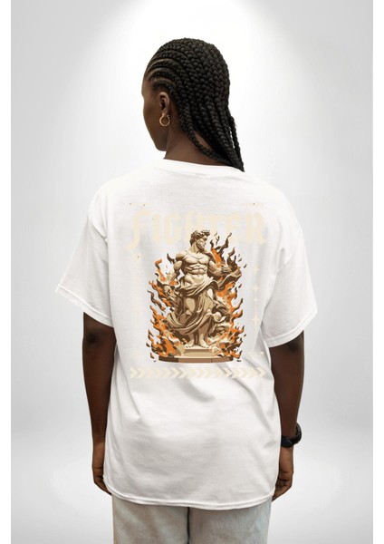 Muzaffer Savaşçı Antik Savaşçı Kadın Erkek Ön Minimal Sırt Baskılı Beyaz Pamuklu Tişört fiyatları