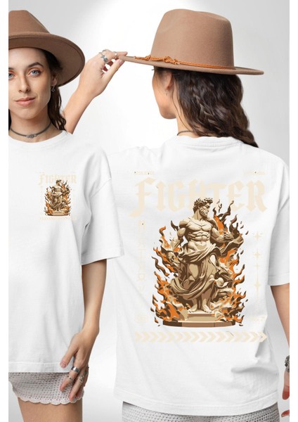 Muzaffer Savaşçı Antik Savaşçı Kadın Erkek Ön Minimal Sırt Baskılı Beyaz Pamuklu Tişört fırsatları