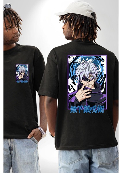 Satoru Gojo Jujutsu Kaisen Anime Kadın Erkek Ön Minimal Sırt Baskılı Siyah Pamuklu Tişört