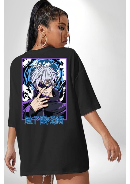 Satoru Gojo Jujutsu Kaisen Anime Kadın Erkek Ön Minimal Sırt Baskılı Siyah Pamuklu Tişört fiyatları