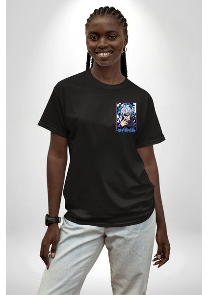 Satoru Gojo Jujutsu Kaisen Anime Kadın Erkek Ön Minimal Sırt Baskılı Siyah Pamuklu Tişört modelleri