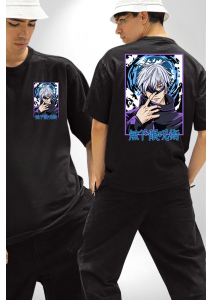Satoru Gojo Jujutsu Kaisen Anime Kadın Erkek Ön Minimal Sırt Baskılı Siyah Pamuklu Tişört fırsatları
