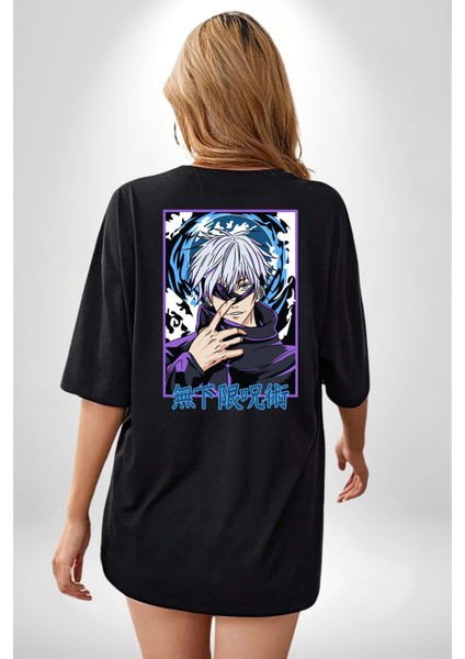 Satoru Gojo Jujutsu Kaisen Anime Kadın Erkek Ön Minimal Sırt Baskılı Siyah Pamuklu Tişört indirimleri