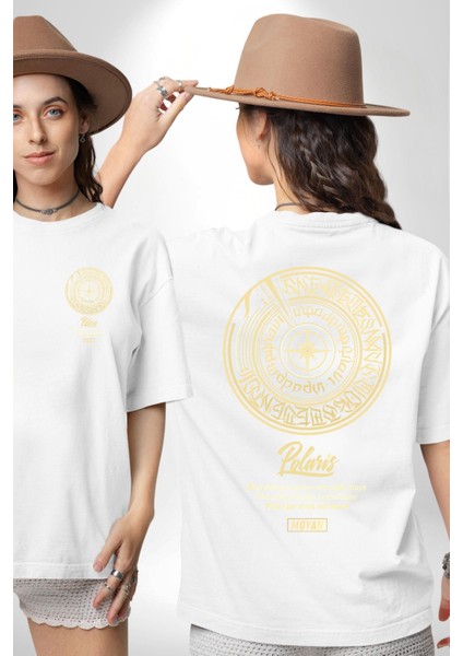 Altın Küre Pusula Çapa Kadın Erkek Ön Minimal Sırt Baskılı Beyaz Pamuklu Tişört