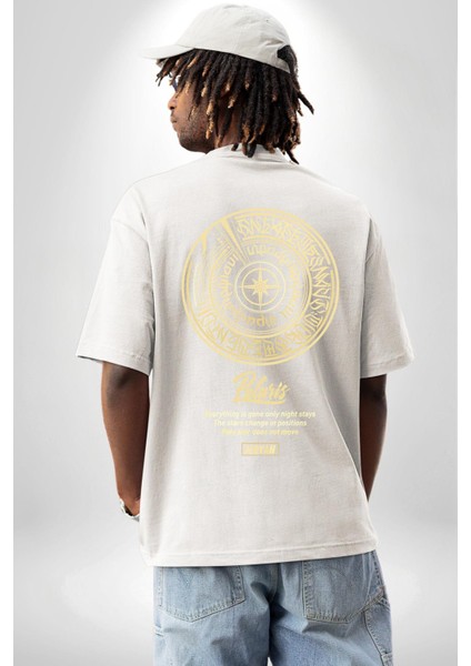 Altın Küre Pusula Çapa Kadın Erkek Ön Minimal Sırt Baskılı Beyaz Pamuklu Tişört fiyatları