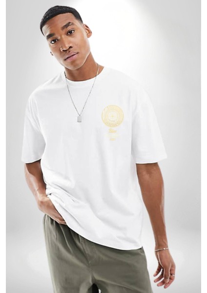 Altın Küre Pusula Çapa Kadın Erkek Ön Minimal Sırt Baskılı Beyaz Pamuklu Tişört modelleri