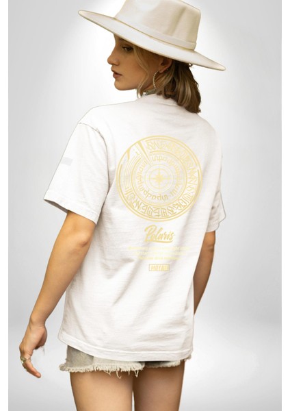 Altın Küre Pusula Çapa Kadın Erkek Ön Minimal Sırt Baskılı Beyaz Pamuklu Tişört indirimleri