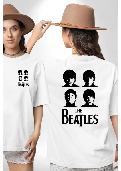 The Beatles Efsane Müzik Grubu Kadın Erkek Ön Minimal Sırt Baskılı Beyaz Pamuklu Tişört