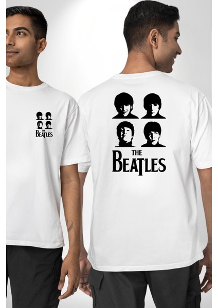 The Beatles Efsane Müzik Grubu Kadın Erkek Ön Minimal Sırt Baskılı Beyaz Pamuklu Tişört fırsatları