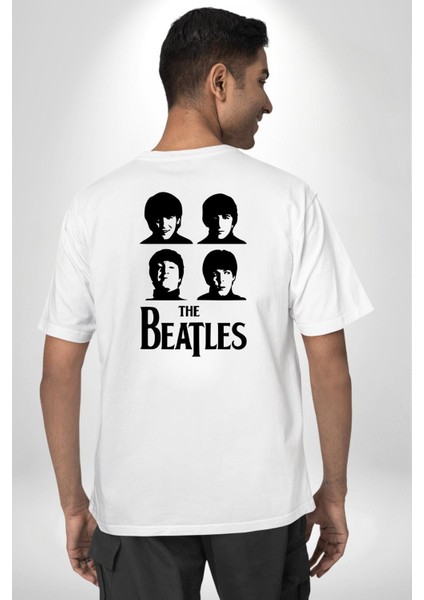 The Beatles Efsane Müzik Grubu Kadın Erkek Ön Minimal Sırt Baskılı Beyaz Pamuklu Tişört indirimleri