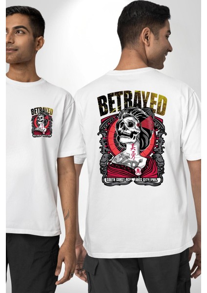 Japon Dövmeli Iskelet Kadın Kadın Erkek Ön Minimal Sırt Baskılı Beyaz Pamuklu Tişört