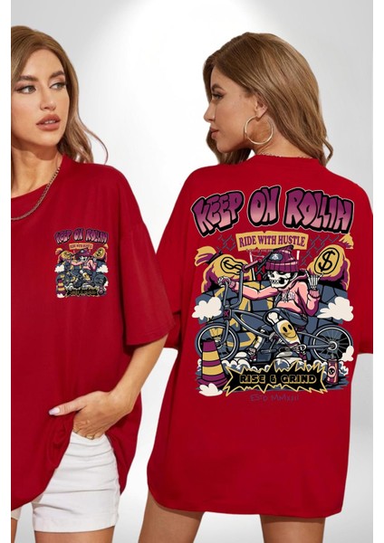 Yuvarlanmaya Devam Et Bisiklet Iskelet Kadın Erkek Ön Minimal Sırt Baskılı Kırmızı Pamuklu Tişört