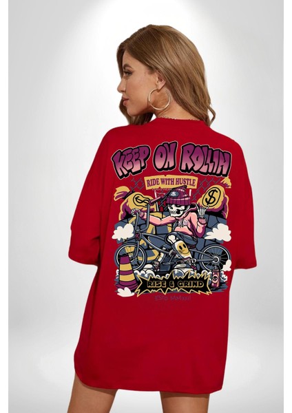 Yuvarlanmaya Devam Et Bisiklet Iskelet Kadın Erkek Ön Minimal Sırt Baskılı Kırmızı Pamuklu Tişört fiyatları