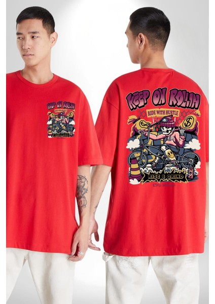 Yuvarlanmaya Devam Et Bisiklet Iskelet Kadın Erkek Ön Minimal Sırt Baskılı Kırmızı Pamuklu Tişört fırsatları