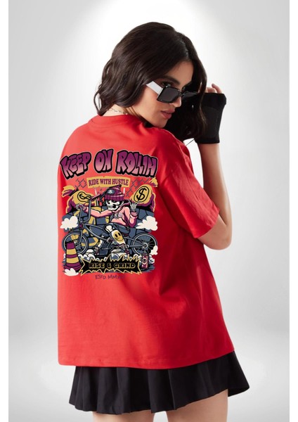 Yuvarlanmaya Devam Et Bisiklet Iskelet Kadın Erkek Ön Minimal Sırt Baskılı Kırmızı Pamuklu Tişört indirimleri