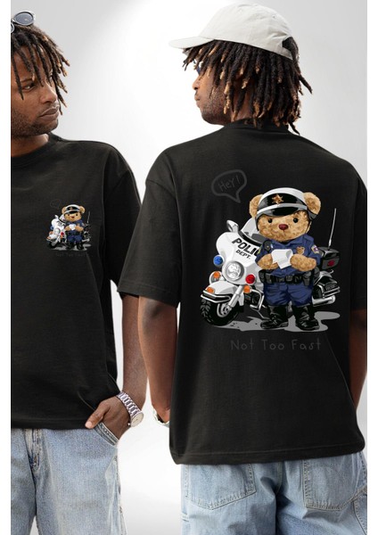 Trafik Polisi Motorcu Oyuncak Ayı Kadın Erkek Ön Minimal Sırt Baskılı Siyah Pamuklu Tişört