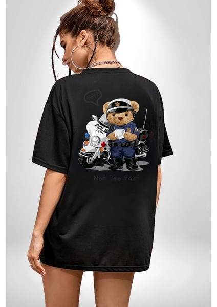 Trafik Polisi Motorcu Oyuncak Ayı Kadın Erkek Ön Minimal Sırt Baskılı Siyah Pamuklu Tişört fiyatları