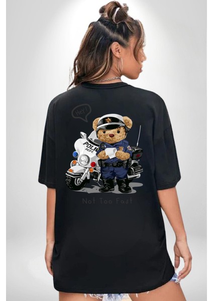 Trafik Polisi Motorcu Oyuncak Ayı Kadın Erkek Ön Minimal Sırt Baskılı Siyah Pamuklu Tişört indirimleri