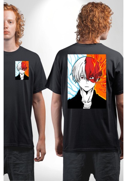 Shoto Todoroki Anime Karakteri Kadın Erkek Ön Minimal Sırt Baskılı Siyah Pamuklu Tişört