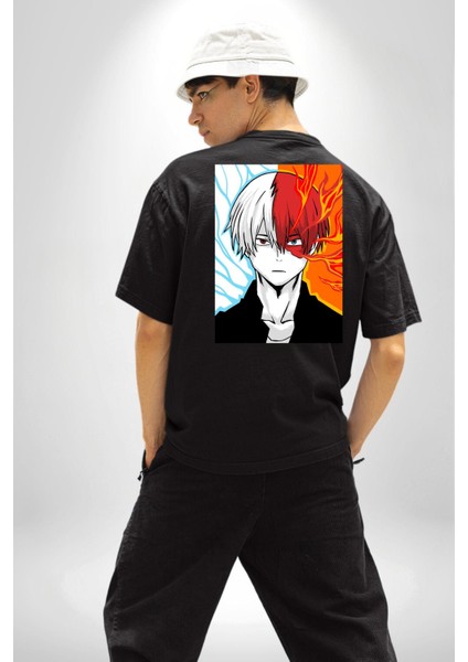 Shoto Todoroki Anime Karakteri Kadın Erkek Ön Minimal Sırt Baskılı Siyah Pamuklu Tişört fiyatları