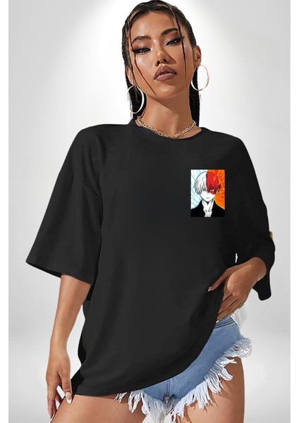 Shoto Todoroki Anime Karakteri Kadın Erkek Ön Minimal Sırt Baskılı Siyah Pamuklu Tişört modelleri