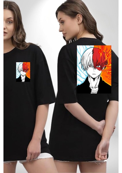 Shoto Todoroki Anime Karakteri Kadın Erkek Ön Minimal Sırt Baskılı Siyah Pamuklu Tişört fırsatları