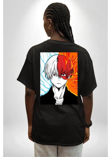 Shoto Todoroki Anime Karakteri Kadın Erkek Ön Minimal Sırt Baskılı Siyah Pamuklu Tişört indirimleri