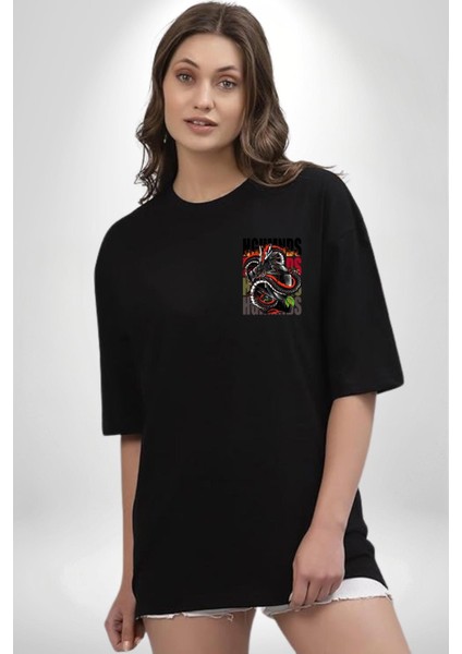 Italyan Motoru ve Ejderha Kadın Erkek Ön Minimal Sırt Baskılı Siyah Pamuklu Tişört modelleri