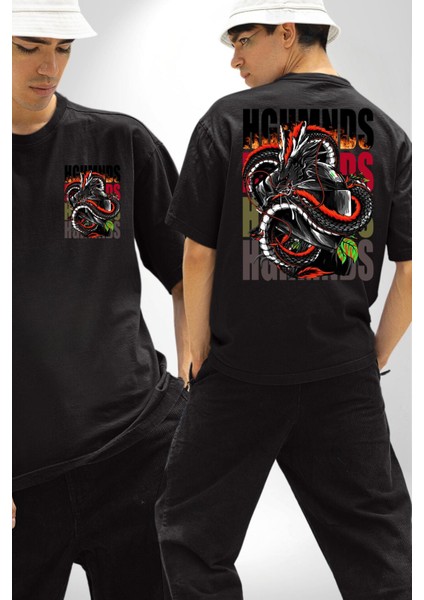 Italyan Motoru ve Ejderha Kadın Erkek Ön Minimal Sırt Baskılı Siyah Pamuklu Tişört fırsatları