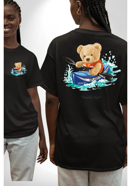 Kanocu Tatlı Oyuncak Ayı Kadın Erkek Ön Minimal Sırt Baskılı Siyah Pamuklu Tişört