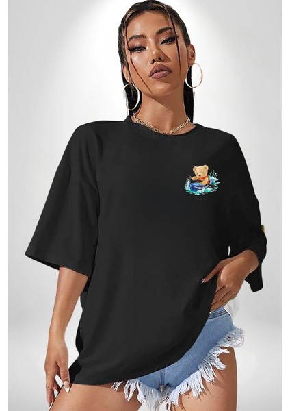 Kanocu Tatlı Oyuncak Ayı Kadın Erkek Ön Minimal Sırt Baskılı Siyah Pamuklu Tişört modelleri