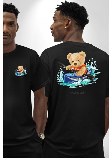 Kanocu Tatlı Oyuncak Ayı Kadın Erkek Ön Minimal Sırt Baskılı Siyah Pamuklu Tişört fırsatları