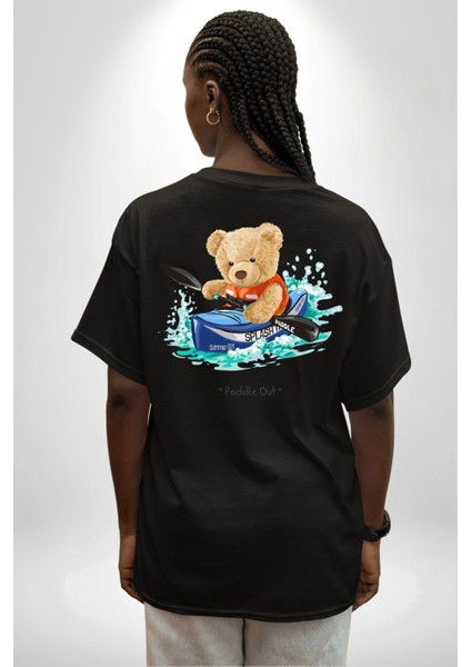 Kanocu Tatlı Oyuncak Ayı Kadın Erkek Ön Minimal Sırt Baskılı Siyah Pamuklu Tişört indirimleri