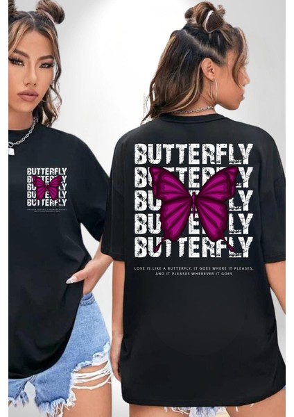 Aşk Kelebek Gibidir Sokak Tarzı Kadın Erkek Ön Minimal Sırt Baskılı Siyah Pamuklu Tişört