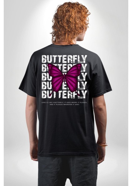 Aşk Kelebek Gibidir Sokak Tarzı Kadın Erkek Ön Minimal Sırt Baskılı Siyah Pamuklu Tişört fiyatları