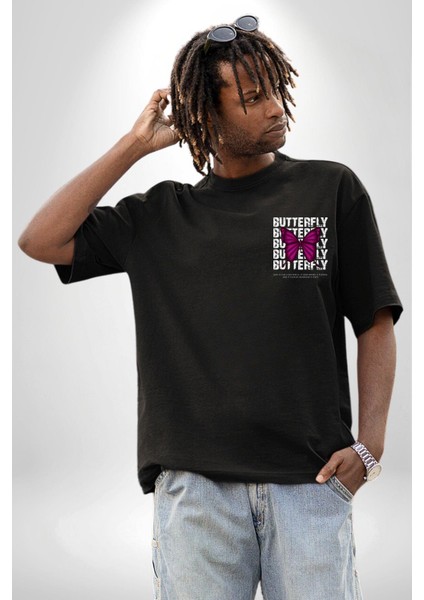 Aşk Kelebek Gibidir Sokak Tarzı Kadın Erkek Ön Minimal Sırt Baskılı Siyah Pamuklu Tişört modelleri
