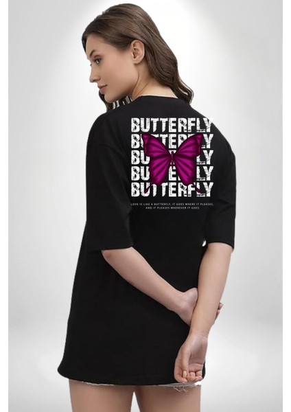 Aşk Kelebek Gibidir Sokak Tarzı Kadın Erkek Ön Minimal Sırt Baskılı Siyah Pamuklu Tişört fırsatları