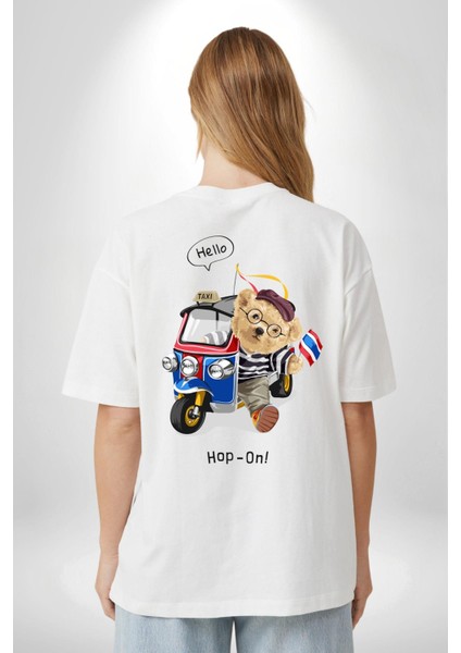 Taksici Oyuncak Ayı Fransız Kadın Erkek Ön Minimal Sırt Baskılı Beyaz Pamuklu Tişört fiyatları