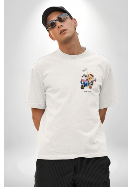 Taksici Oyuncak Ayı Fransız Kadın Erkek Ön Minimal Sırt Baskılı Beyaz Pamuklu Tişört modelleri