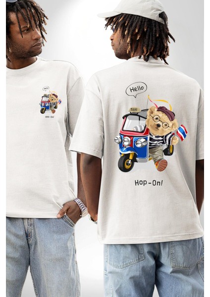 Taksici Oyuncak Ayı Fransız Kadın Erkek Ön Minimal Sırt Baskılı Beyaz Pamuklu Tişört fırsatları