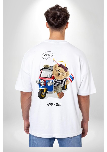 Taksici Oyuncak Ayı Fransız Kadın Erkek Ön Minimal Sırt Baskılı Beyaz Pamuklu Tişört indirimleri