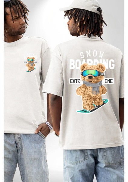 Snowboard Yapan Oyuncak Ayı Kadın Erkek Ön Minimal Sırt Baskılı Beyaz Pamuklu Tişört