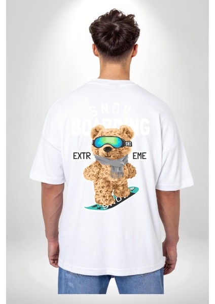 Snowboard Yapan Oyuncak Ayı Kadın Erkek Ön Minimal Sırt Baskılı Beyaz Pamuklu Tişört fiyatları