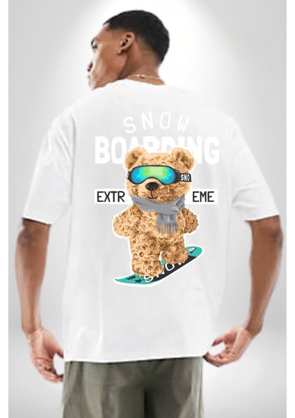 Snowboard Yapan Oyuncak Ayı Kadın Erkek Ön Minimal Sırt Baskılı Beyaz Pamuklu Tişört indirimleri